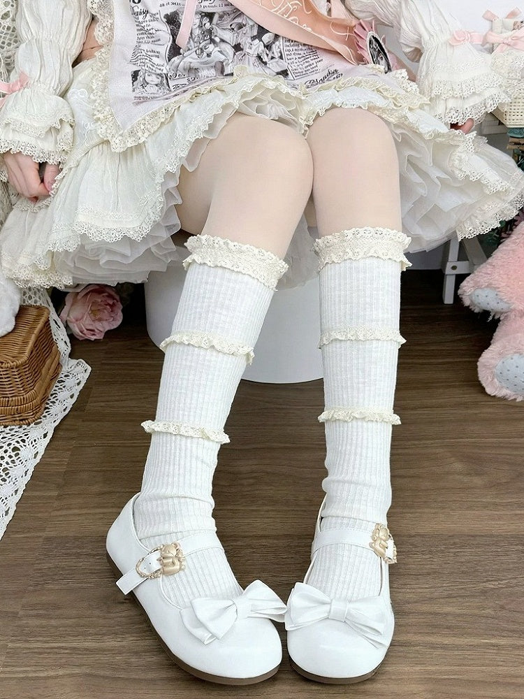 Ribbed Layered Lace Calf Socks Available in Three Colors - Milkcat Studio