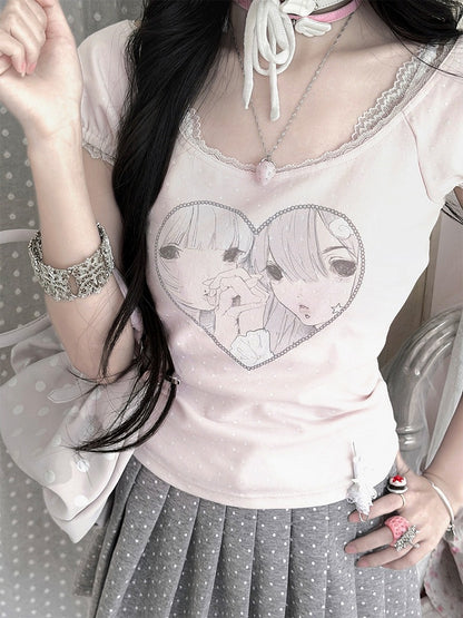 Girl Print Light Pink Scoop Neck Puff Sleeve Lace Top - Kyouko Baby