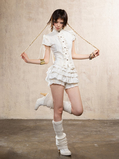 Print Crisscross Trim Short Punk Fashion White Top with Y2K Back Sleeve Puff Gyaru Leopard Ruffle Tie