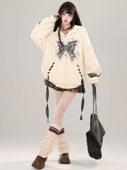 Apricot/Pink Bat Wings Bow Print Zip Hoodie