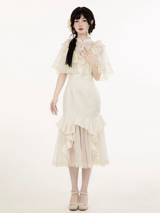 Shawl and Neckline Flowers Beige Decorated Beads