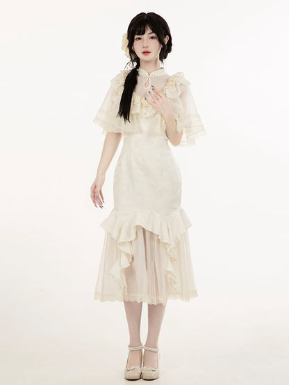 Shawl and Neckline Flowers Beige Decorated Beads