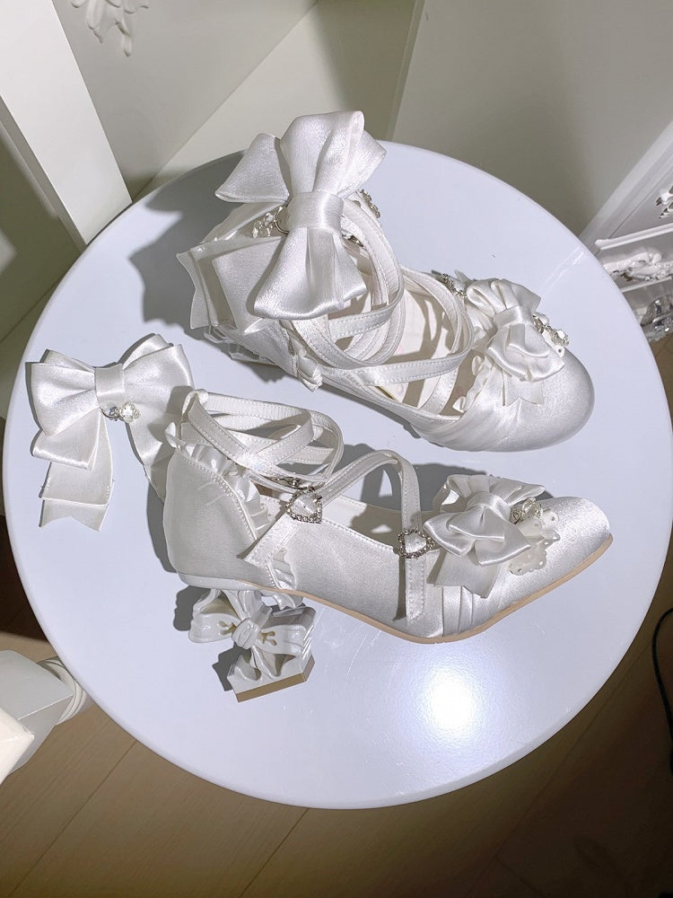 Satin Black-White Butterfly Knot Lolita Heels with Heart Buckle
