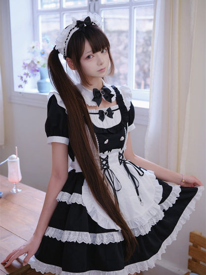 Maid Jirai-Kei Black White Tiered Dress Lace Trim Short Sleeve - Puppet Bombs