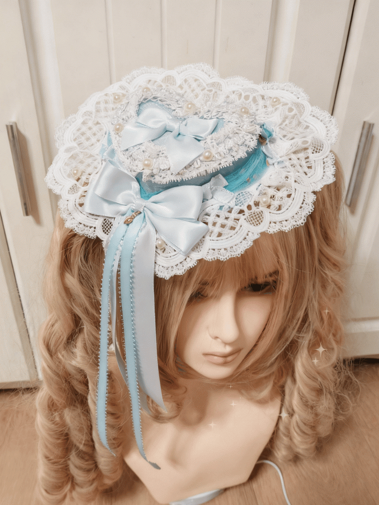 Sweet Pink/Red/Blue Bowknot Hat Mini Clips With Lace Heart-shaped Lolita