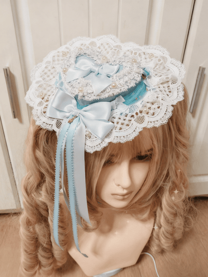 Sweet Pink/Red/Blue Bowknot Hat Mini Clips With Lace Heart-shaped Lolita
