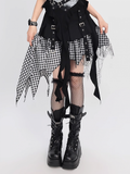 Taschentuch Saum Mesh Patchwork Y2K Schwarz Blau/ Weiß Karierter Rock Schwarz