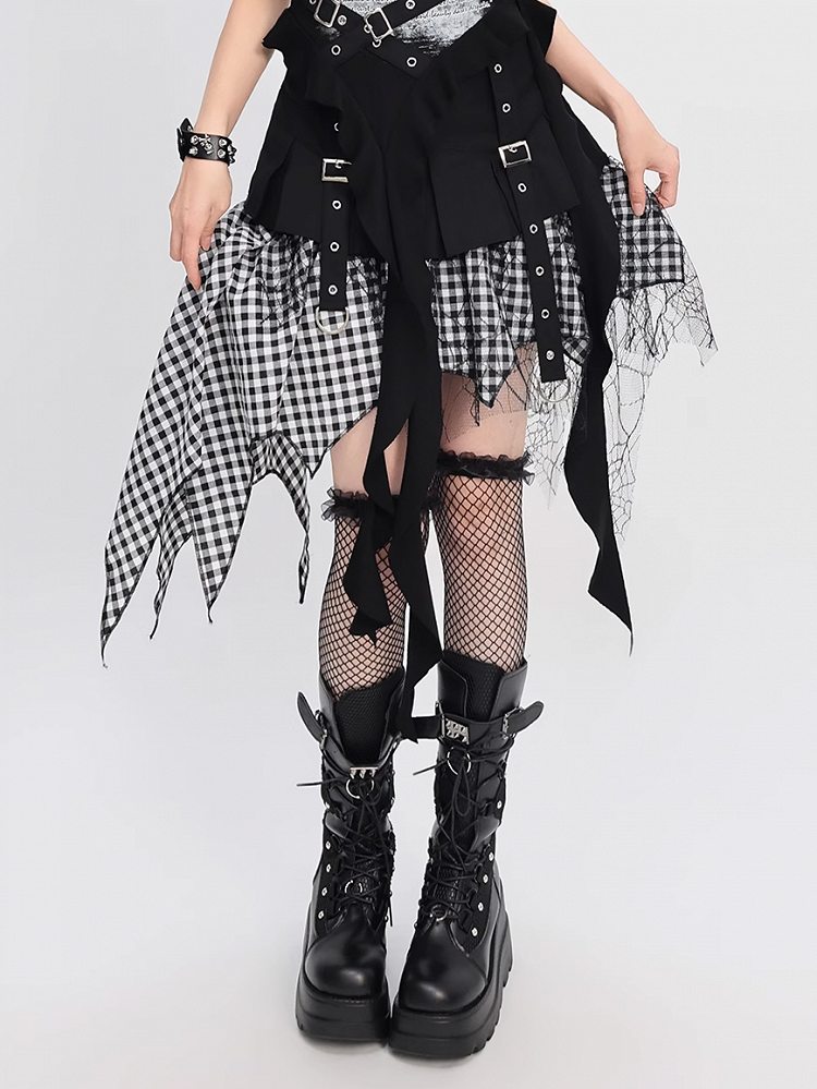 Taschentuch Saum Mesh Patchwork Y2K Schwarz Blau/ Weiß Karierter Rock Schwarz