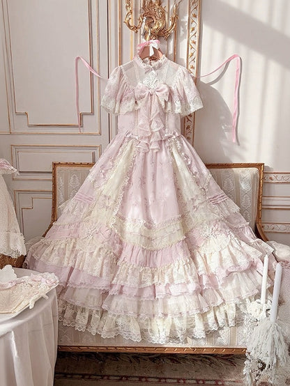 Refined Pink Lace-Trim Floral Embroidered Lolita Dress with Bow Train - Mademoiselle Pearl