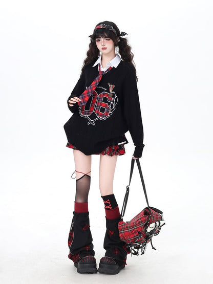 Colorblock Leg Star Style Warmers White Red / in with Appliques Plaid Black Y2K