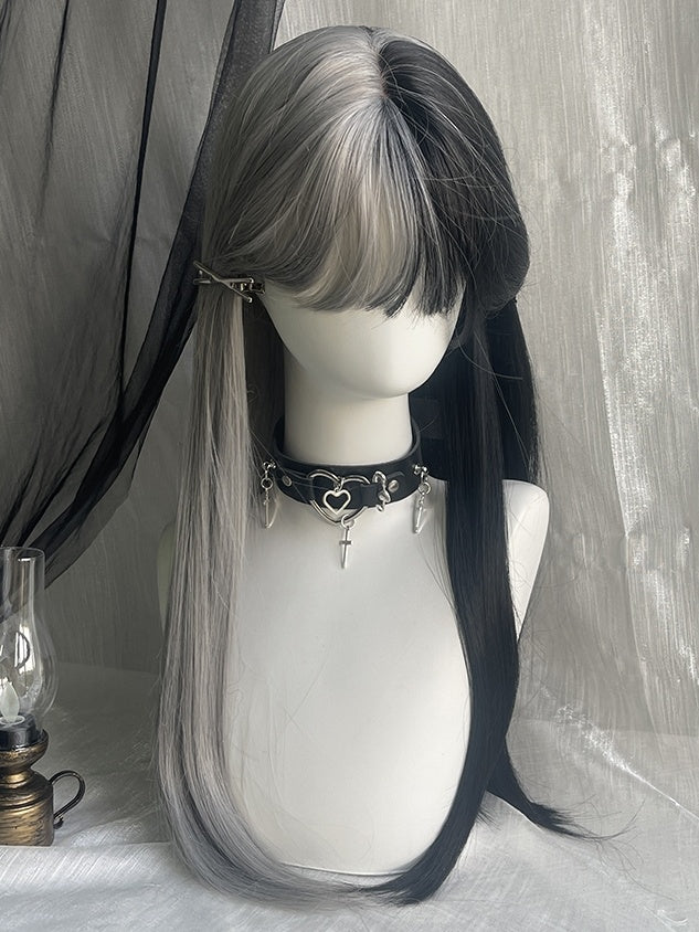 Schwarz-weiße, geteilte, hüftlange, glatte Kunsthaarperücke mit Pony