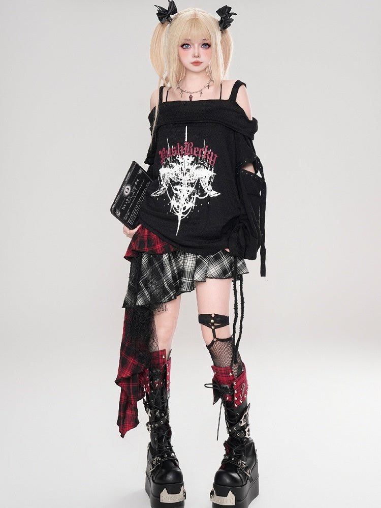 Y2K ブラック/ホワイト クロスプリント カットアウトディテール オフショルダー ネックライン パンクトップ