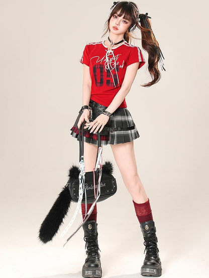 アップリケTシャツ コア チェック柄 レッドディテール レースアップ パターントリム ブロケット レースナンバー