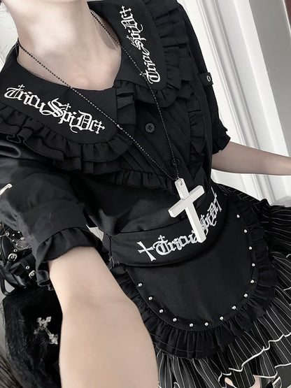 Collar Black Short Pan Buckle Gothic Blousewith StrapsRuffled Sleeve Peter