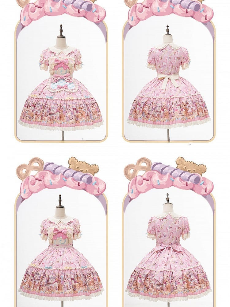 Bear Cake Theme Sweet Lolita OP Dress with Floral Print Skirt & Lace Trim - Mewroco