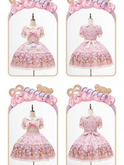 Bear Cake Theme Sweet Lolita OP Dress with Floral Print Skirt & Lace Trim - Mewroco