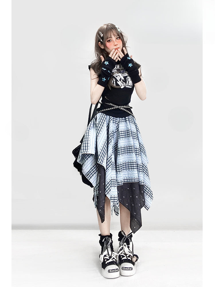 ヴィンテージダスティブルーチェック柄ハンカチ裾グラマラススカート