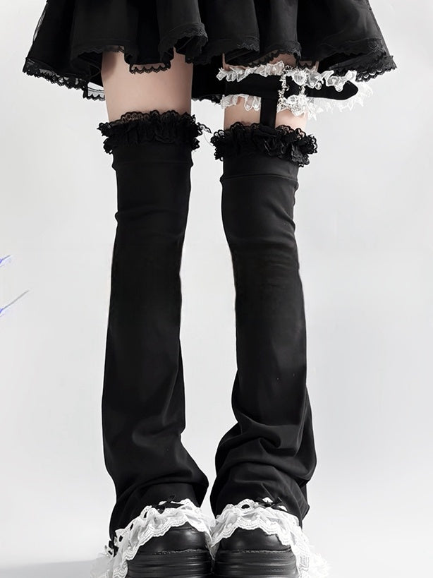 Flared Loop White in Black/Black Buckle Leg Lace Trim Adjustable Kei Jirai Warmers with