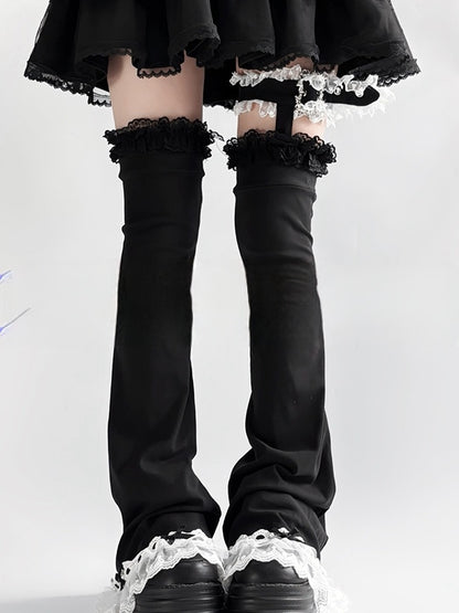 Flared Loop White in Black/Black Buckle Leg Lace Trim Adjustable Kei Jirai Warmers with
