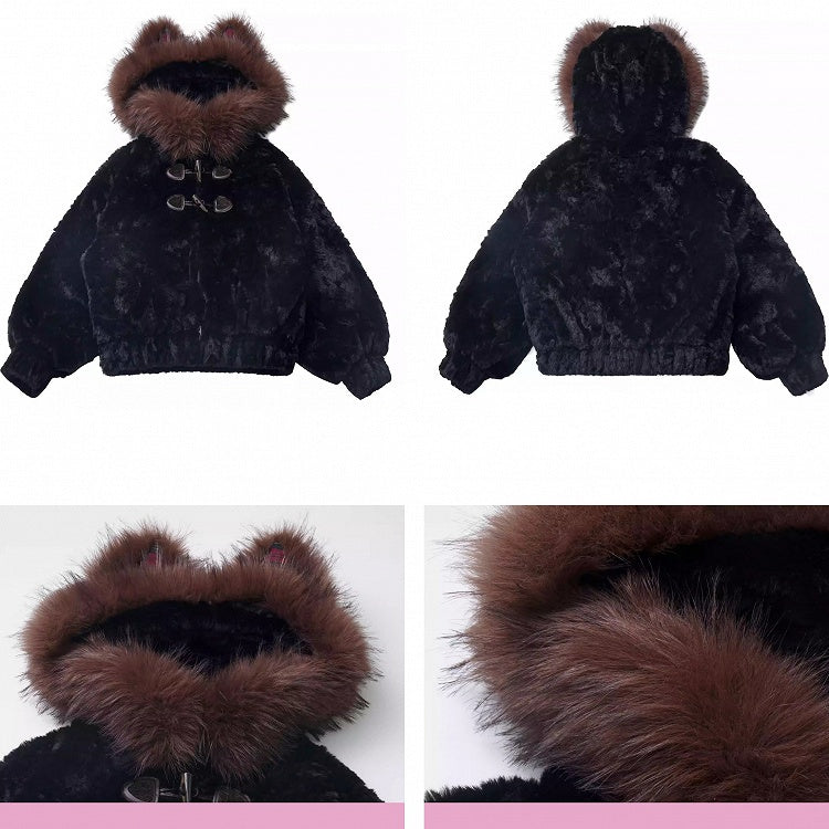 Black Bear Ears Hooded Plush Coat