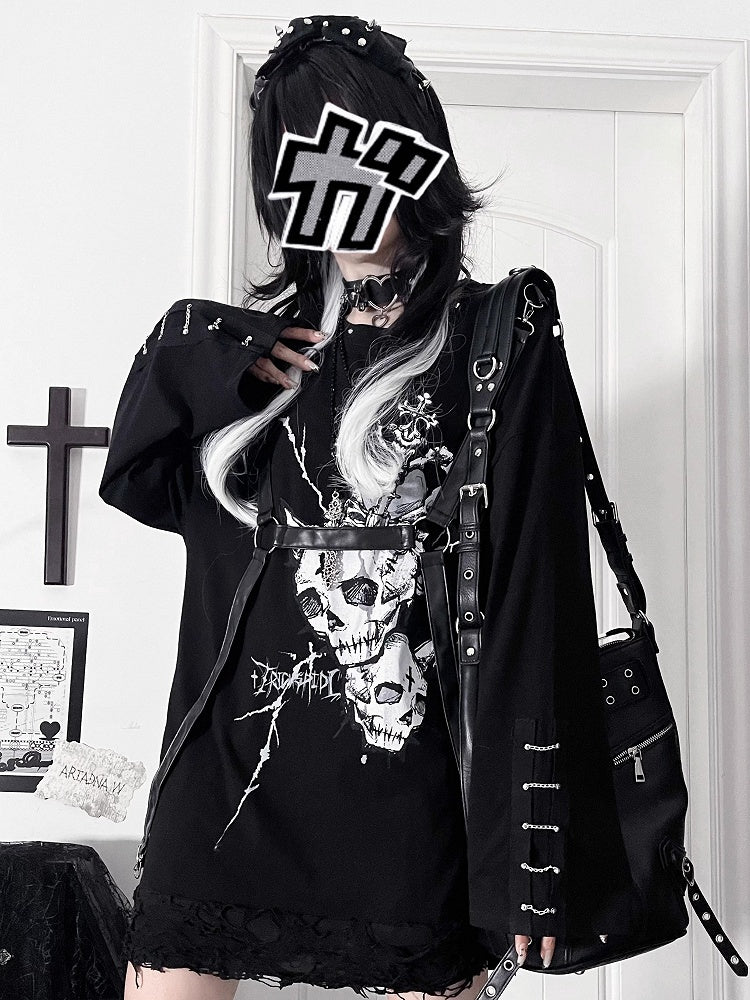 Punk Straps Heart Accents Top Print Long-Sleeve Black Gray Chain Cuff PU with Subculture