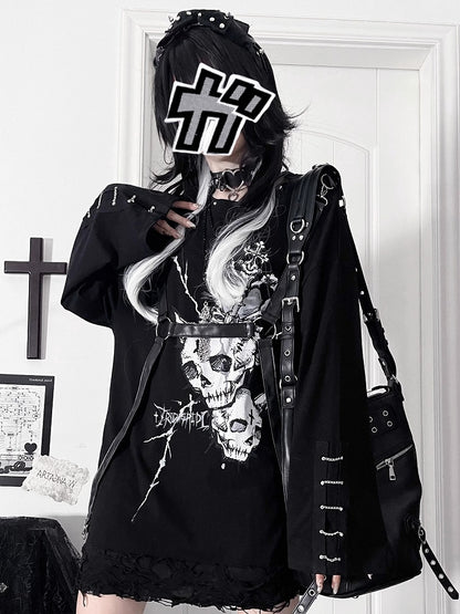 Punk Straps Heart Accents Top Print Long-Sleeve Black Gray Chain Cuff PU with Subculture