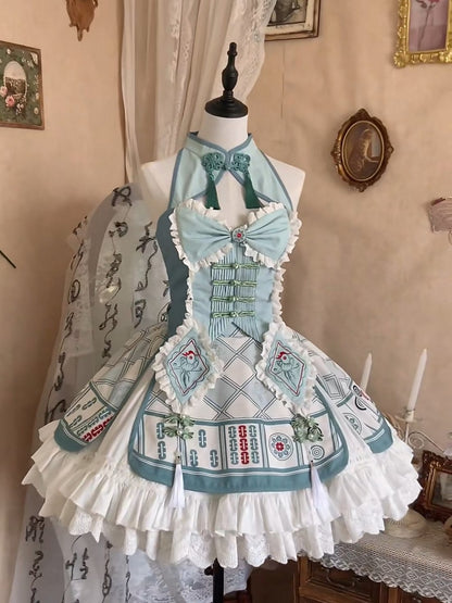 Mahjong-Themed Halter Top & Skirt Set in White & Green with Tassels - Maiden Portal