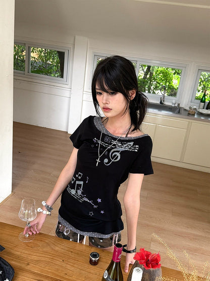 Two-Piece Asymmetrical Fake Shoulders with Dot T-Shirt Polka Black