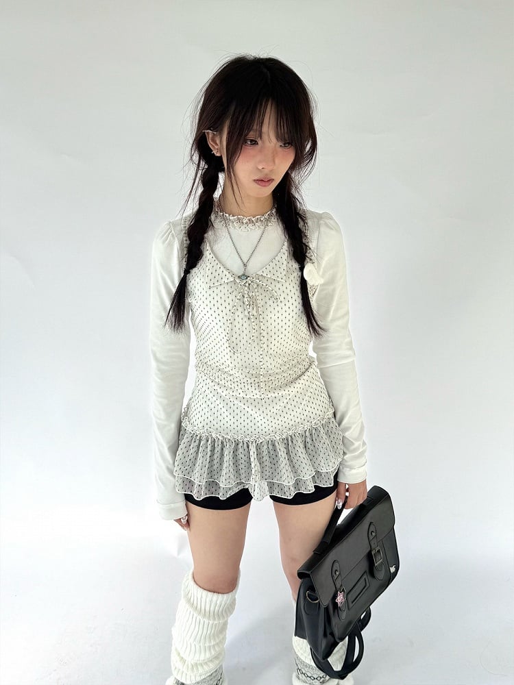 Ruffled Long Two-Piece White with Polka-Dot Lace Fake Trim Shirt Sleeve