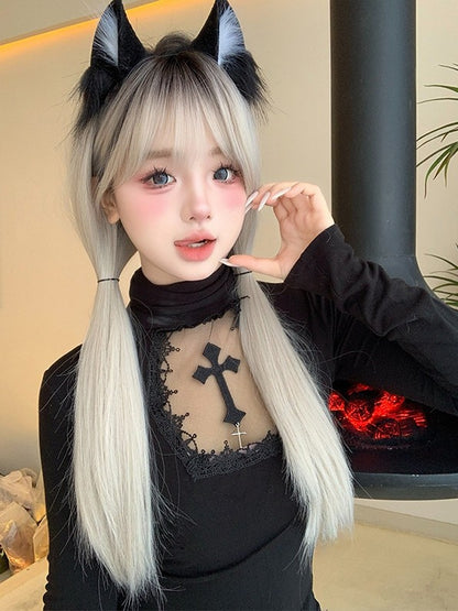 Glatte Ombre-Perücke, Länge 66 cm, schwarz-weißer Pony