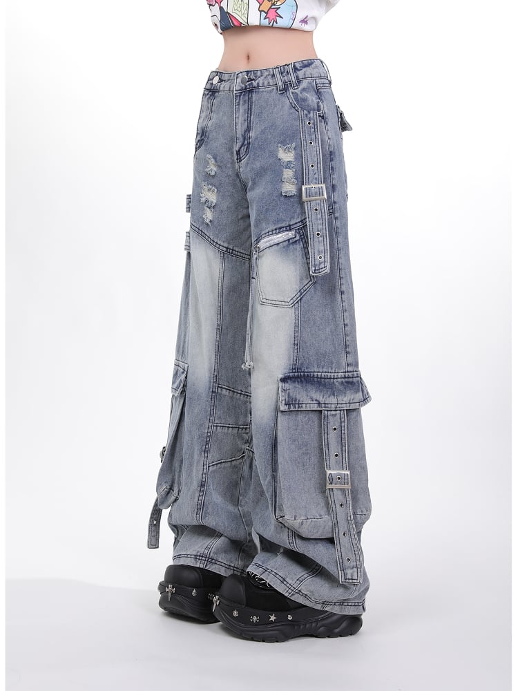 Wash Blue Distressed Cargo Jeans with Adjustable Strap Accents Faded