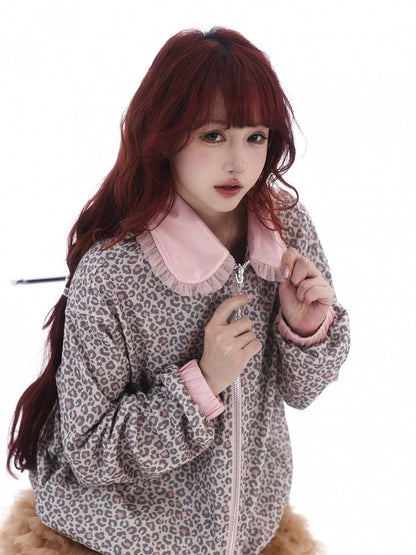 Collar Lace Jacket Leopard Pan and Print Peter Trim Zip-Up with