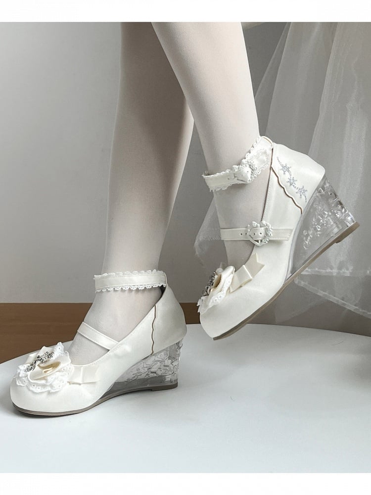 Elegant White Slope Heel Lolita Shoes with Lace and Bow - Vintage Sweetheart