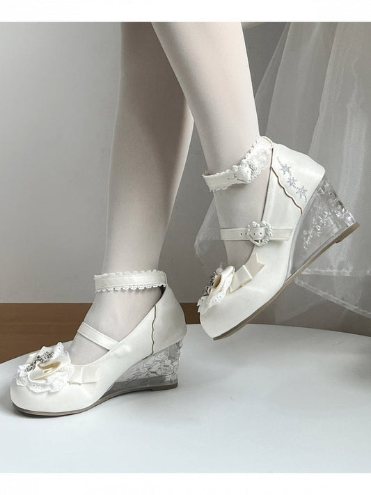 Chaussures Lolita Élegantes Blanches à Talons Compensés avec Dentelle et Nœud - Douceur Rétro