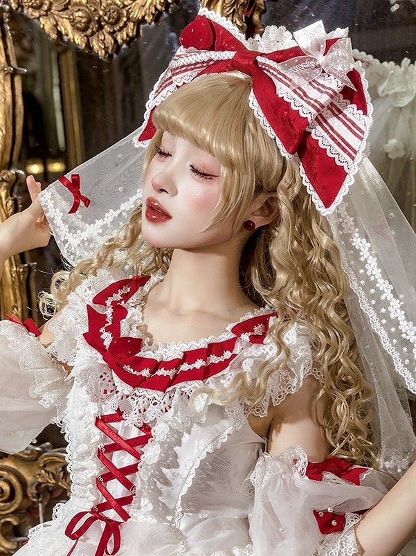 Large Bow Lolita Veil Head Pink/Red
