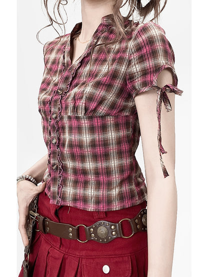 チェック柄袖フリルトリム柄シャツ Vネック Y2K ショートパンツ レッドブラウン