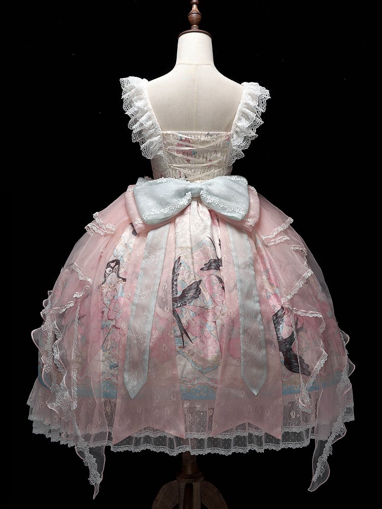 Pink Chinoiserie Lolita High Waist JSK Dress with Swallow and Peach Blossom Print - Dream Magic Box