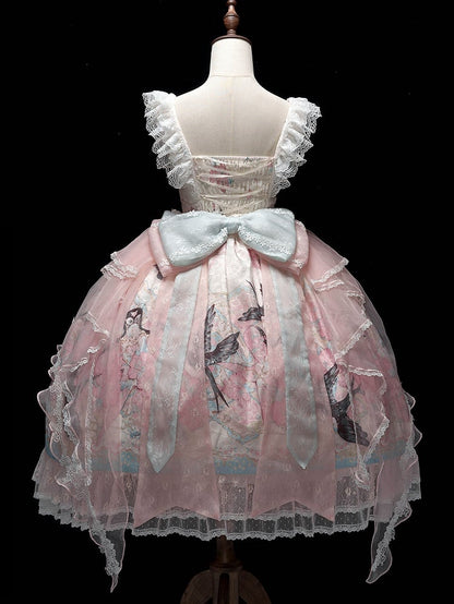 Pink Chinoiserie Lolita High Waist JSK Dress with Swallow and Peach Blossom Print - Dream Magic Box