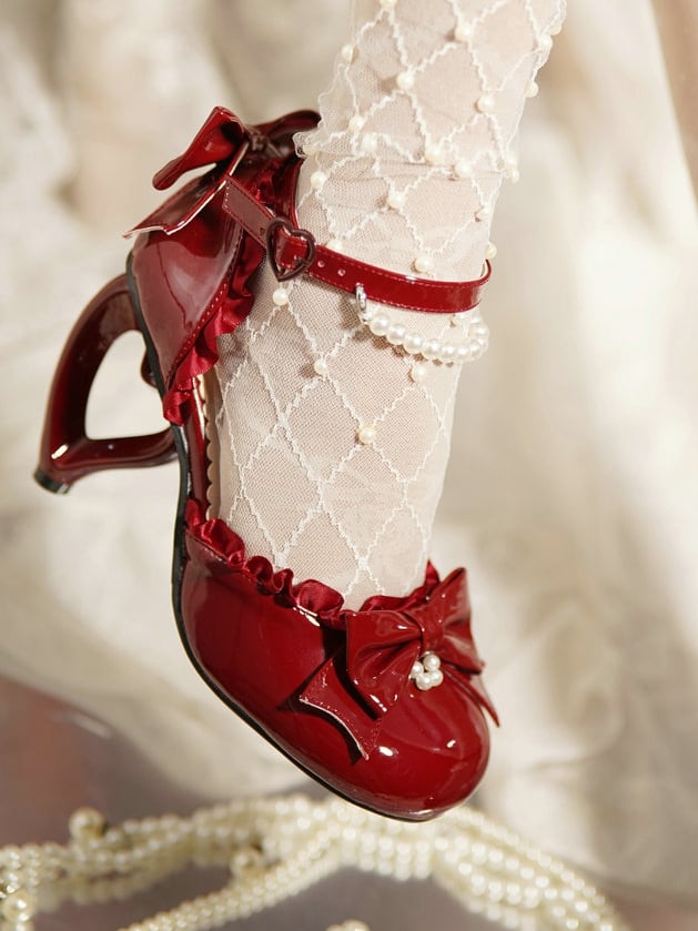 Accent Heels Red for Leather Wine Lolita Elegant PU Bow High -