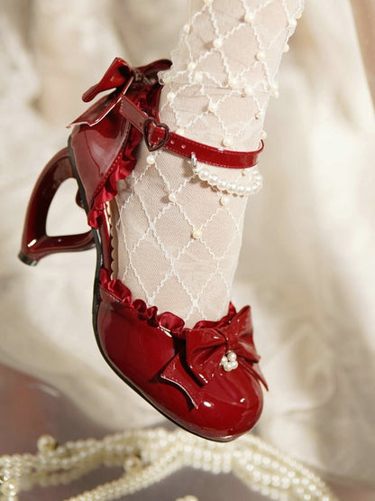 Accent Heels Red for Leather Wine Lolita Elegant PU Bow High -