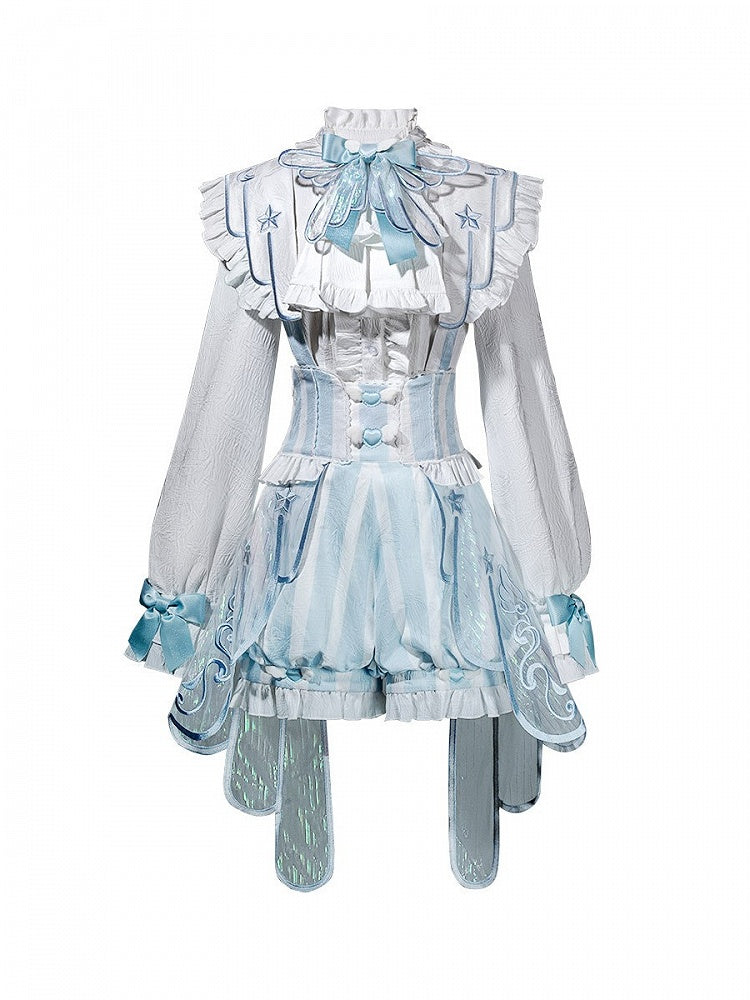 White & Blue Long Sleeves Ouji Style Lolita Shirt + Striped Lolita Suspender Bloomer Shorts with Angel Wing Train Set - Unknown Star