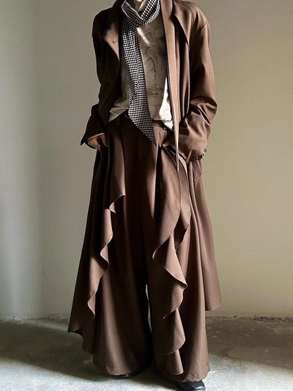 Fastening Button Pants Style Zip Ruffles Cascading Ornate Functional in Princely with Wide-leg Brown