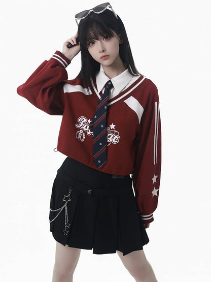 with Collegiate Version Faux Wine Long/Short Blue Star Sweatshirt Red/Navy Two-Piece Print in