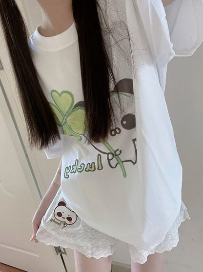 Trim with Shorts Print White Panda Lace