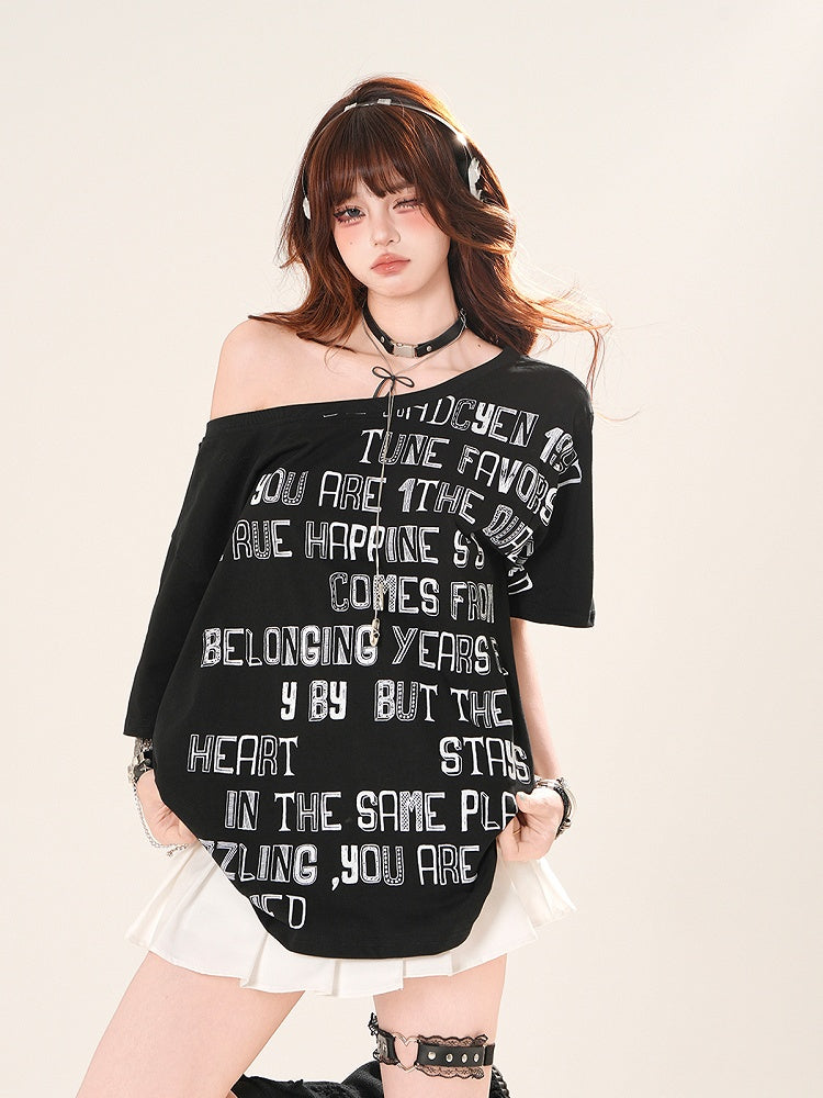 アシンメトリーネックライン レタープリント ルーズTシャツ イエロー/ホワイト/ブラック