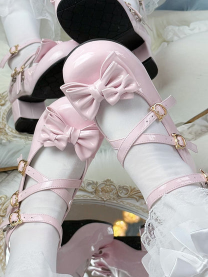 with Mid - Heel Pink Mary Bow Lolita PU Elegant Accent Janes