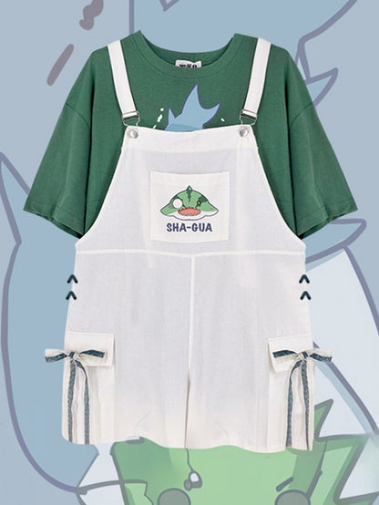 ホワイトシャークプリントの蝶結びディテールオーバーオールショーツ