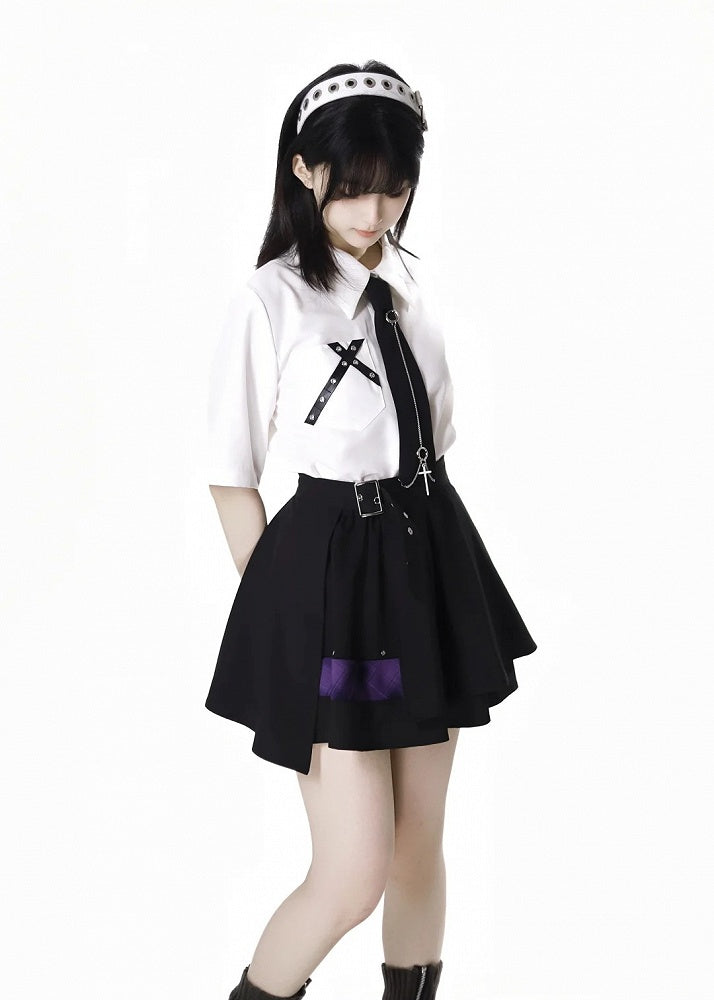 White Criss-Cross Strap Cross Short Sleeves Shirt with Charm Free Tie