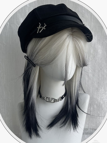 ブラックホワイトオンブレバスト上丈ストレート合成ウィッグ