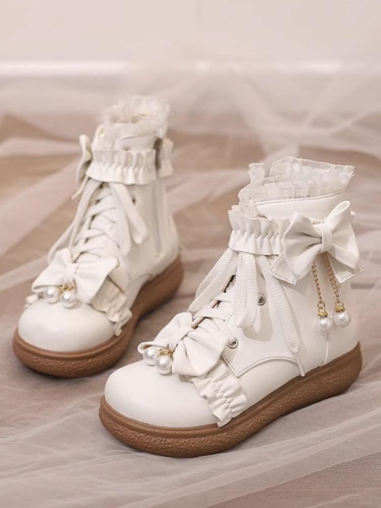 Version Bow Regular/Thicken Beaded with Accents PU Lace Lolita Boots Leather White Cuff Platform Charm 4cm